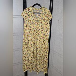 Vintage 90s Yellow Floral Criss Cross Long Button-Up Cottage Country Large Dress